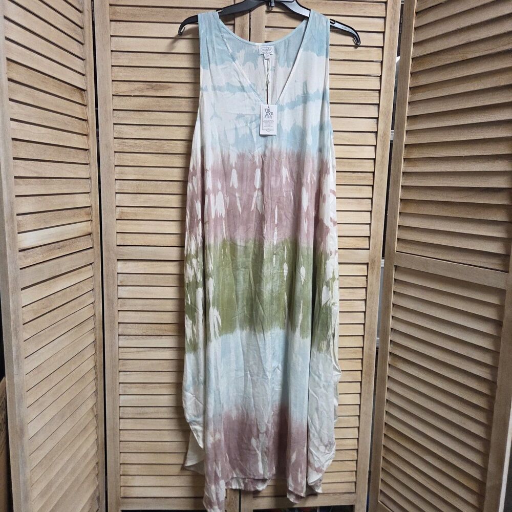 Mud Pie Maxi Dress Hyatt Tie Dye Boho Size Large Sleeveless Vneck Beach Cruise